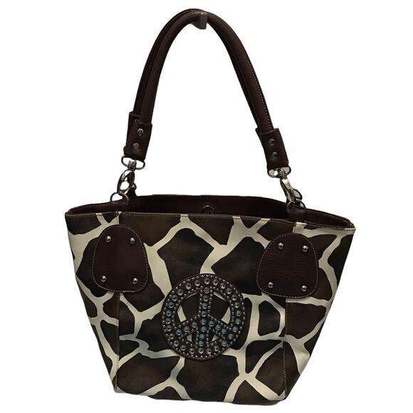 Source Unknown Handbags - Animal Print Bedazzled Peace Sign Tote Shoulder Bag